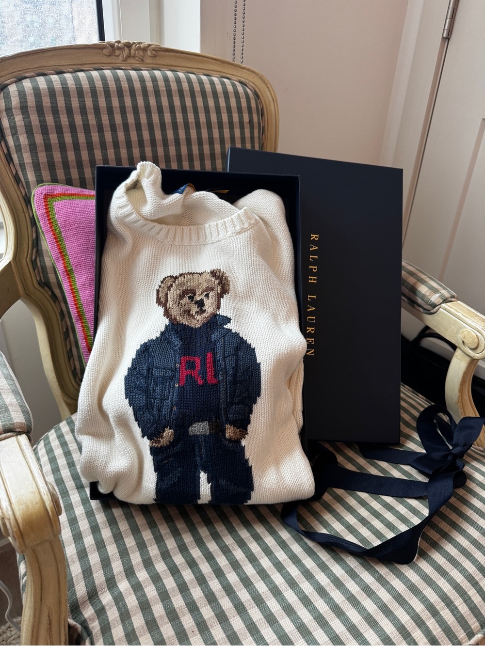 Ralph Lauren Cream Polo Bear Crewneck Sweater with Navy & Red Accents